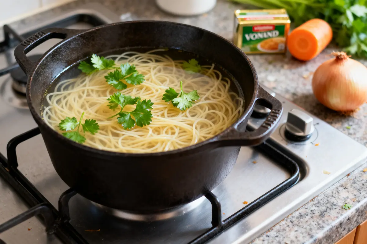 Casserole sur cuisinière préparant soupe au vermicelle de grand-mère avec persil et légumes adjacents