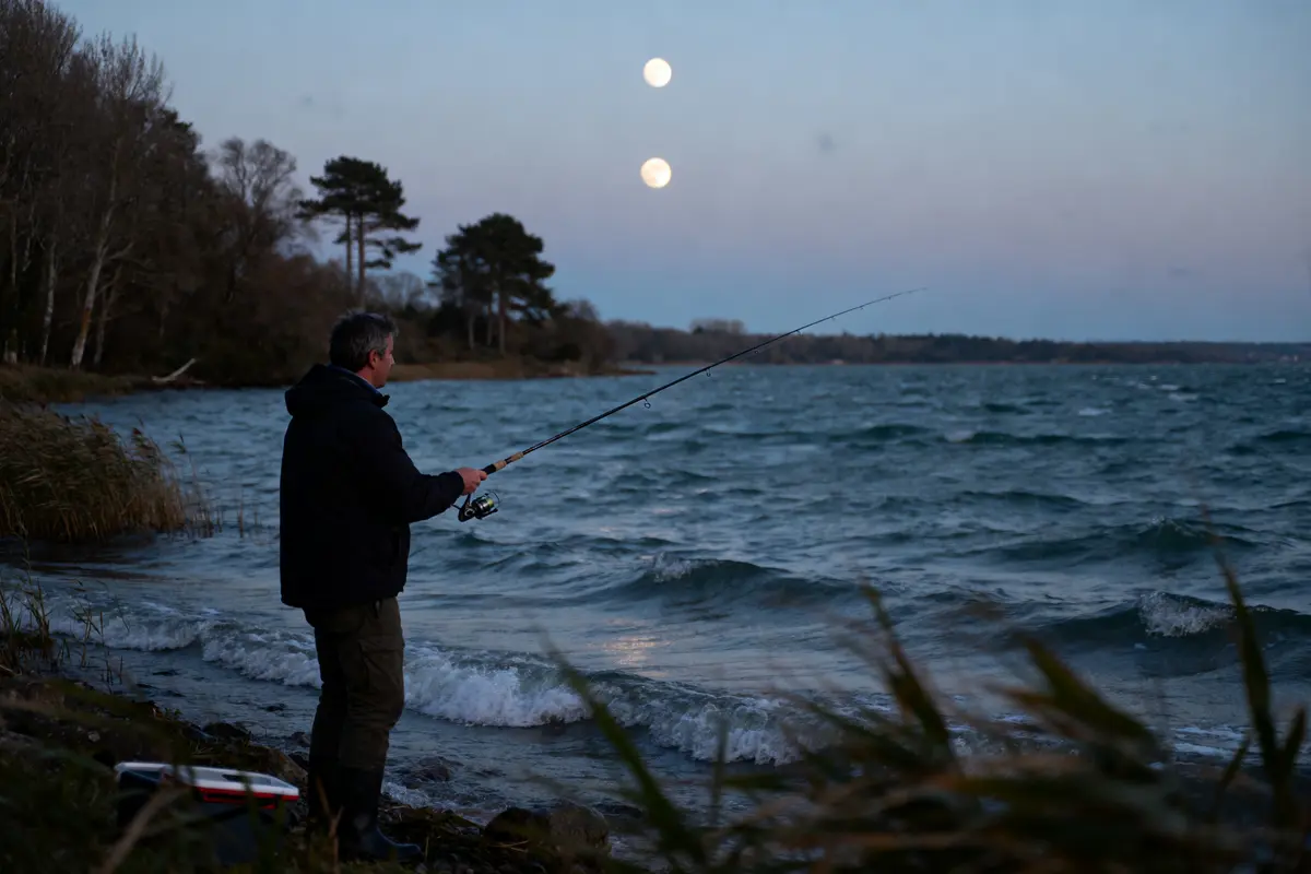 Pêcheur au bord du lac Stanget sous la lumière de deux lunes visibles