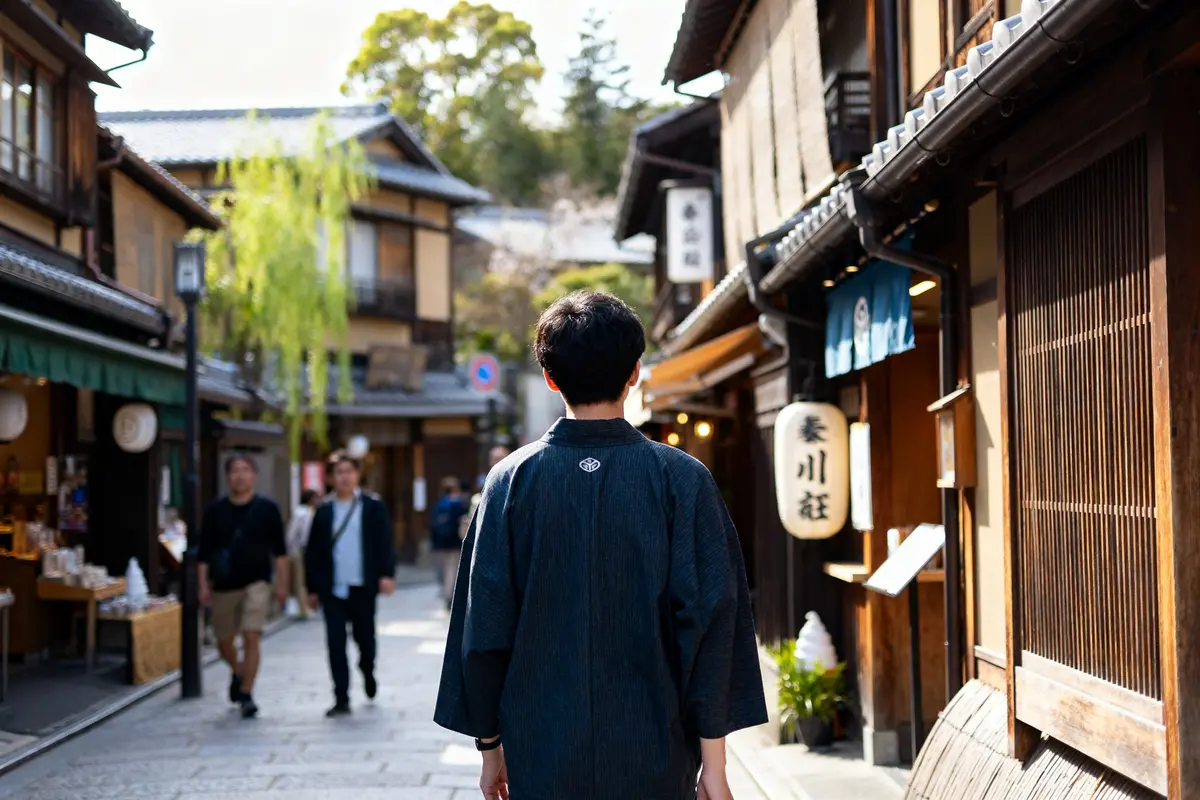 Personne en kimono dans une rue traditionnelle de Nara, ville du Japon en 3 lettres