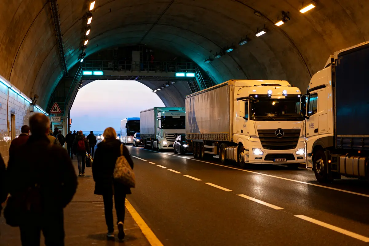Des camions et piétons dans le tunnel évoquent l'horaire du tunnel sous la Manche