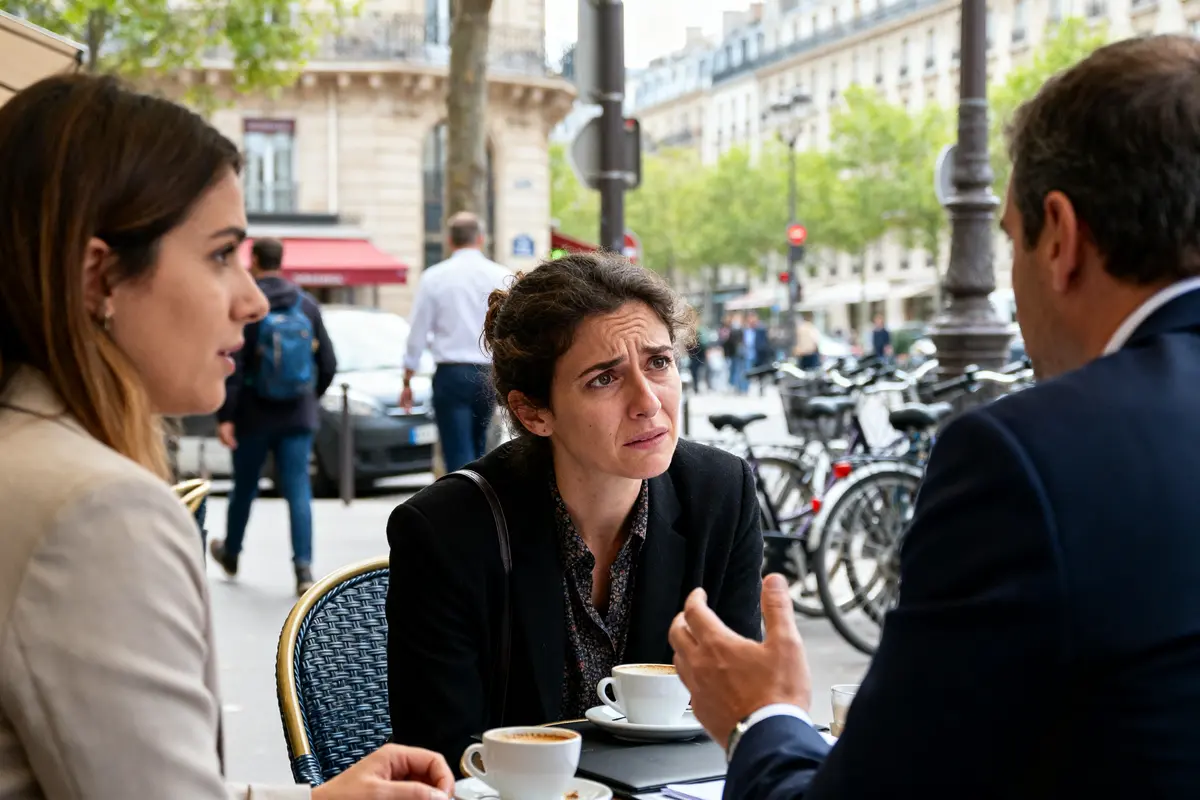 Trois personnes discutent sérieusement dans un café en plein air j'ai menti pour un prêt immobilier