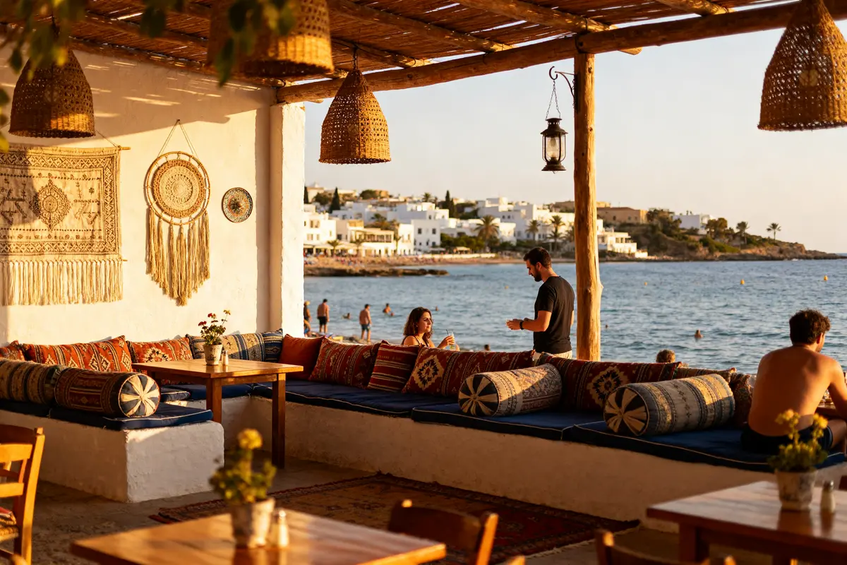 Terrasse méditerranéenne en bord de mer au coucher du soleil où partir en vacances en octobre