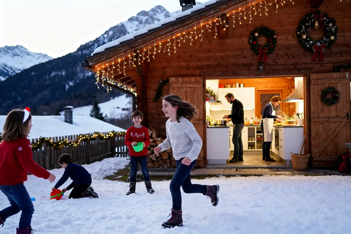 Des enfants jouent dans la neige devant un chalet éclairé pour ou passer le nouvel an en famille pas cher