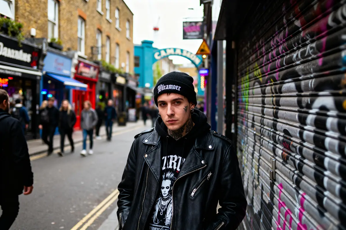 Jeune homme à l'allure rebelle dans une rue de Camden Town perçue comme dangereuse