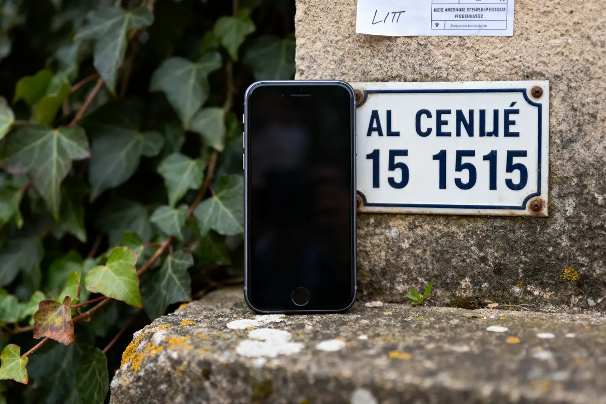 Smartphone devant plaque murale affichant un code postal, entouré de feuilles vertes