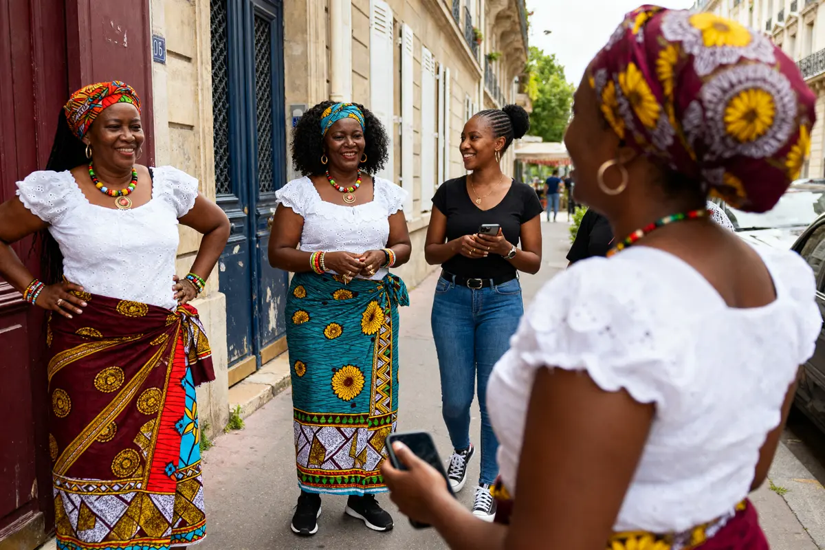 Des femmes capverdiennes discutent joyeusement sur un trottoir, portant des tenues colorées traditionnelles