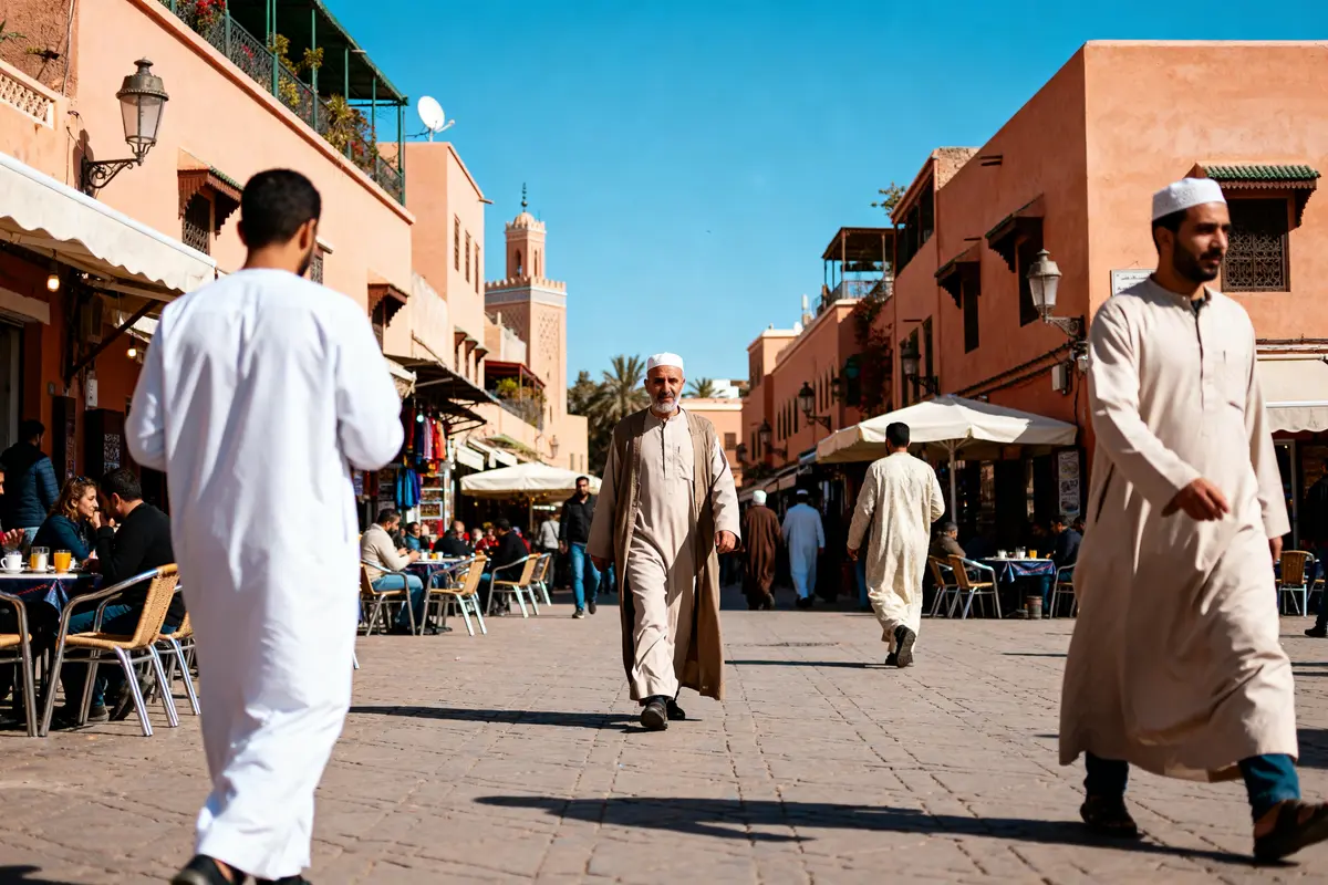 Scène animée dans une rue ensoleillée, illustrant la météo à Marrakech en janvier