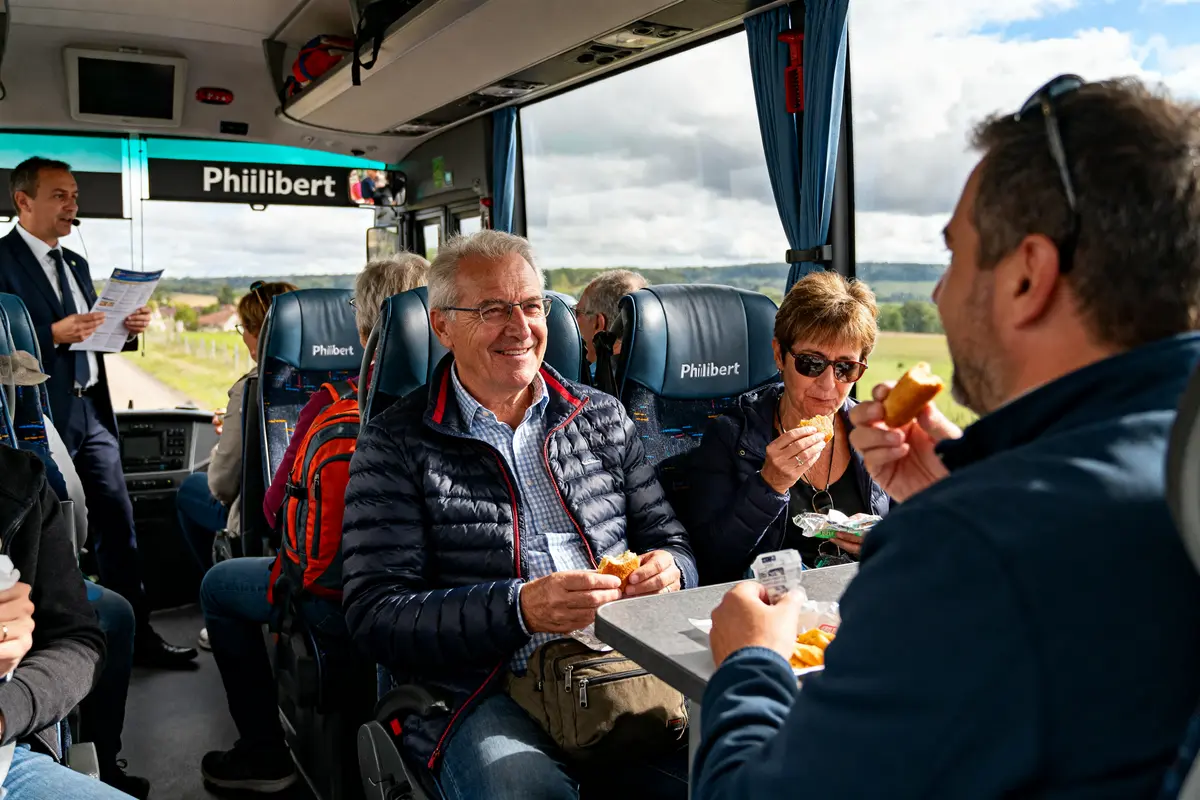Passagers profitant d'un voyage à la journée avec Philibert en car moderne et confortable